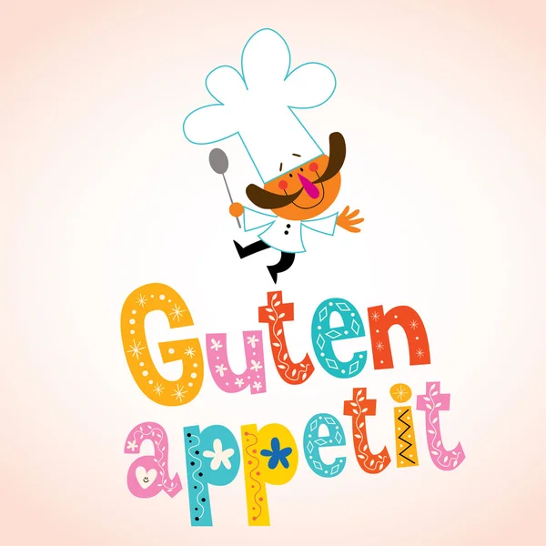 Guten appetit lettering decorativo con personaggio chef — Vettoriale Stock