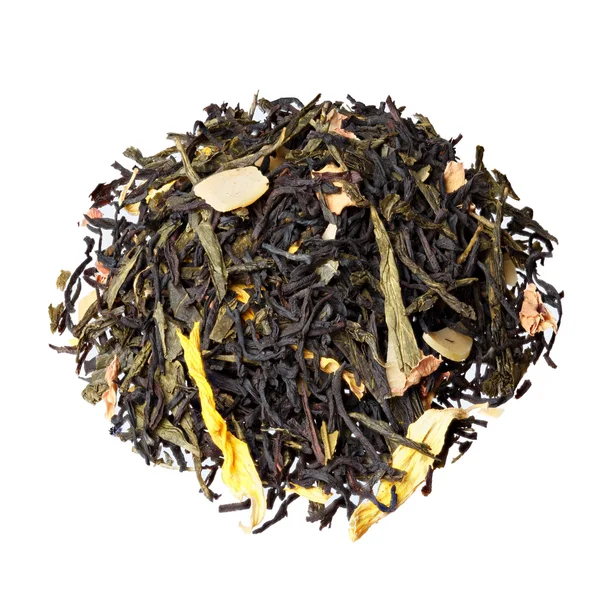 Herbstlicher Extravaganztee. Mischung aus schwarzem Tee aus Ceylon, Sencha, Sonnenblume — Stockfoto