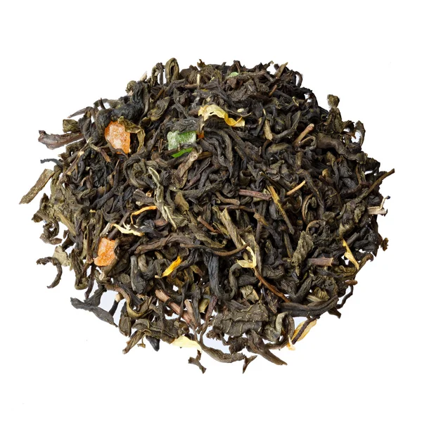 Grüner Tee mit kandierten Früchten, Calendula-Blütenblättern und Sonnenblumen mischen — Stockfoto