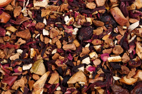 Tea fruity blend of hibiscus petals, orange peel, rose hips, app — Stock Photo, Image