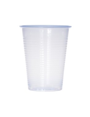 Mavi boş şeffaf plastik kap beyaz izole.