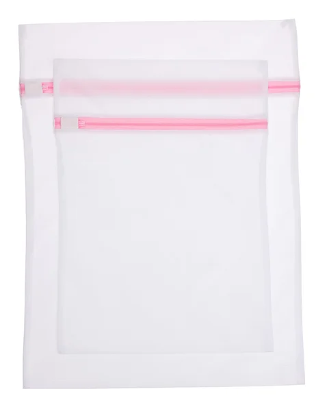 Two white empty mesh laundry bag isolated on white background. — Stock Photo, Image