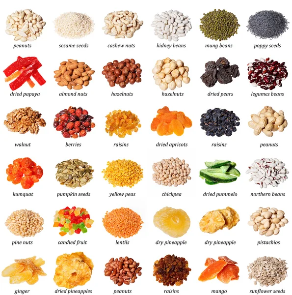 Large collection of different spices, herbs, nuts, dried fruits, beans