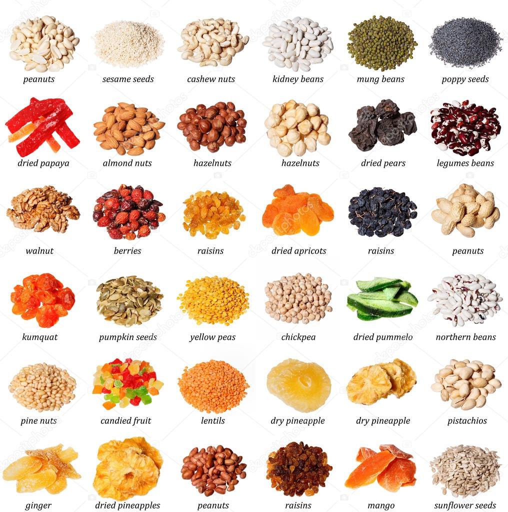 Large collection of different beans, nuts, dried fruits and herb