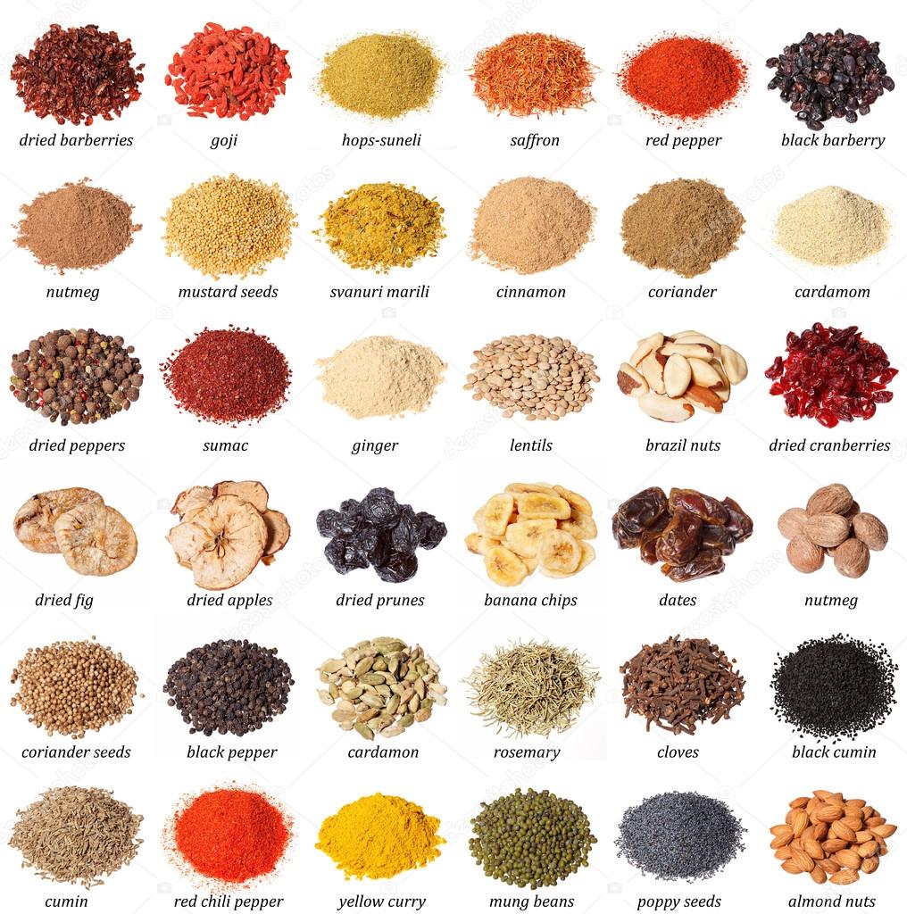 Large collection of different spices, nuts, dried fruits and her Stock