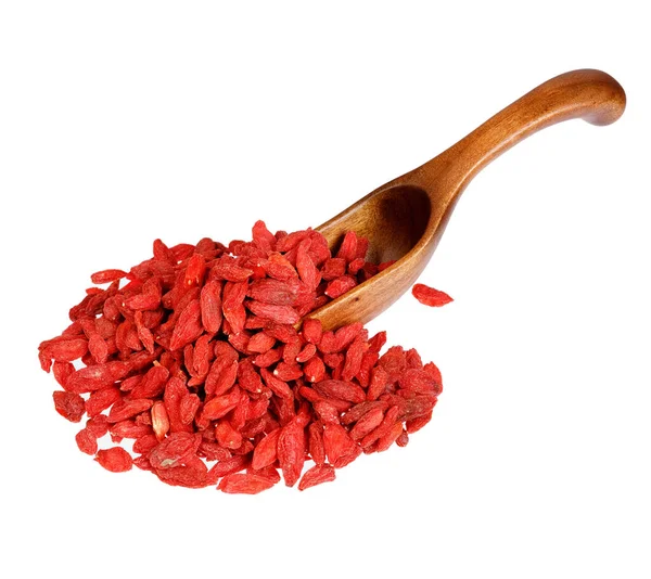 Dried goji berries in the wooden spoon, isolated on white background. — Stock Photo, Image