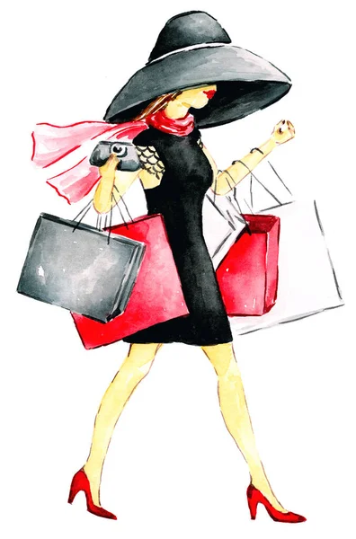 Kendinden emin, mutlu, siyah elbiseli ve şapkalı, elinde alışveriş torbaları olan çekici bir kadın. Kara Cuma. El yapımı suluboya resim. — Stok fotoğraf