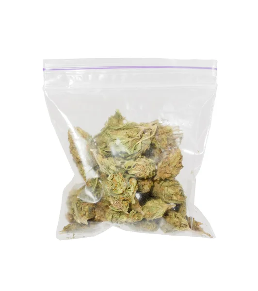 Duża torba z tworzywa sztucznego leczniczych konopi (marihuany). — Zdjęcie stockowe