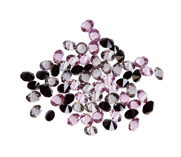 Many small purple diamond (jewel) stones heap isolated on white — Stock Photo, Image