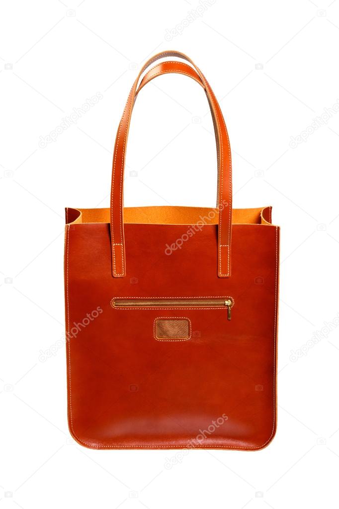 Woman brown leather bag isolated white background
