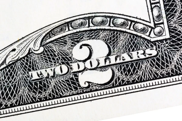 Amerikaans geld, twee dollar bill close-up. Geïsoleerd. — Stockfoto