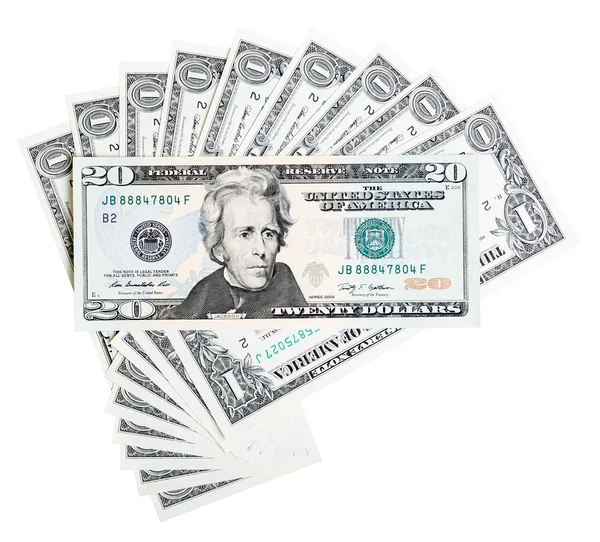 Αφηρημένη σύνθεση από αμερικανικά χρήματα σε λευκό. — Φωτογραφία Αρχείου