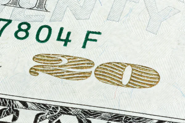 Close-up τέλος στοιβάζονται 20 νομοσχέδιο δολάριο απομονωμένη σε ένα λευκό backg — Φωτογραφία Αρχείου