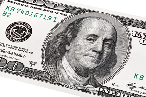 Stack portrait of Benjamin Franklin on one hundred dollars bill. — Stock Photo, Image