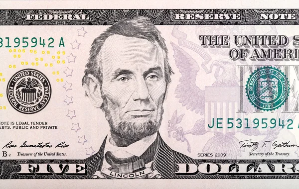 Abraham Lincoln sulla banconota da cinque dollari . — Foto Stock