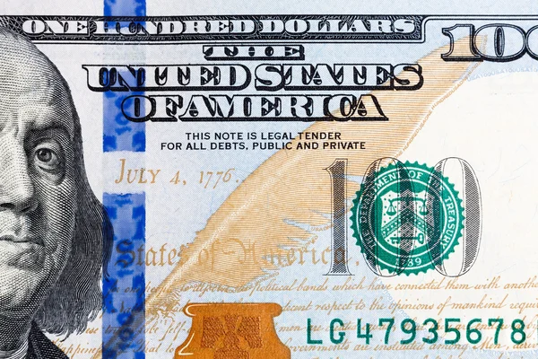 Detail nového sto dolarové bankovky. — Stock fotografie