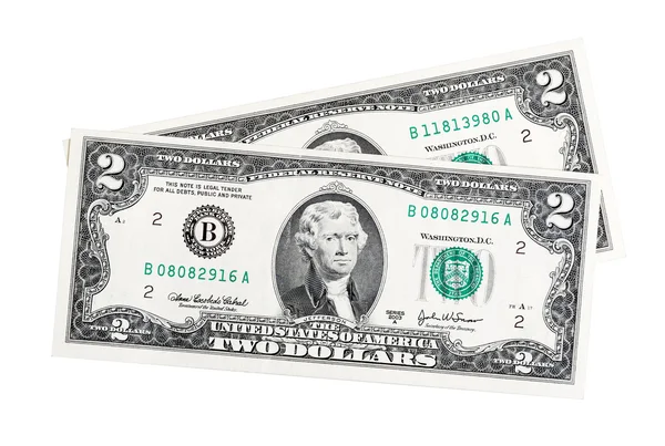 Verenigde Staten twee dollarbiljetten op een witte achtergrond. — Stockfoto