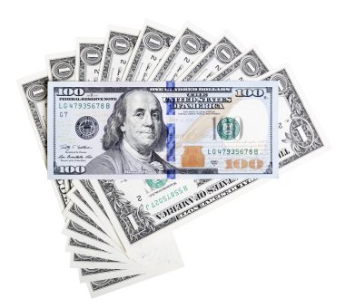 Bir dolar faturaları ve yüz Doları (yeni tasarım) banknot makro 