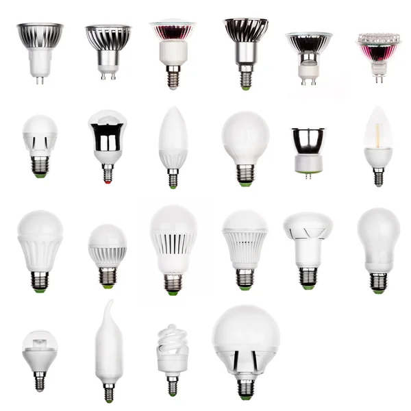 Set of LED bulbs (lamps) with different sockets isolated on whit — Stock Photo, Image