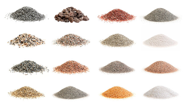 Set photos of decorative soil and sand isolated from different p
