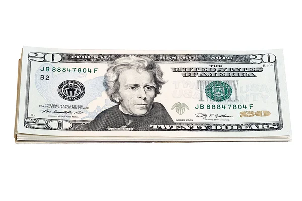 Pila de billetes de 20 dólares aislados en blanco . —  Fotos de Stock