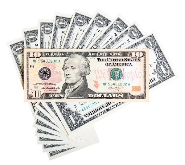 Abstraktní kompozice z jedné dolarové bankovky končí deset dolarů bankno — Stock fotografie