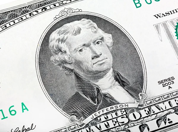 Thomas Jefferson. Qualitative portrait from 2 lucky dollars bill — Stock Photo, Image