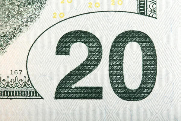 Macro del valore di una banconota da 20 dollari, macro estrema . — Foto Stock