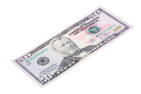 Stacked end isolated of the fifty dollars bill. Photo made at an angle. — Stock Photo, Image