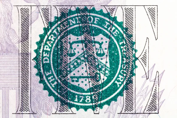 Department of the Treasury, print on five U.S. dollar bill. — Stock Photo, Image