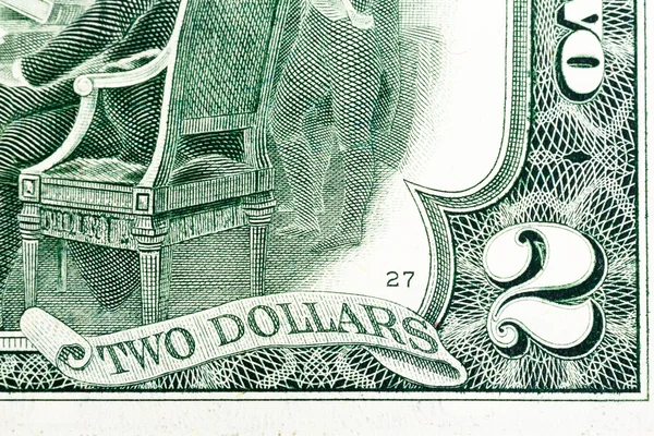 Fragmento del billete de dos dólares. Macro tiro . — Foto de Stock