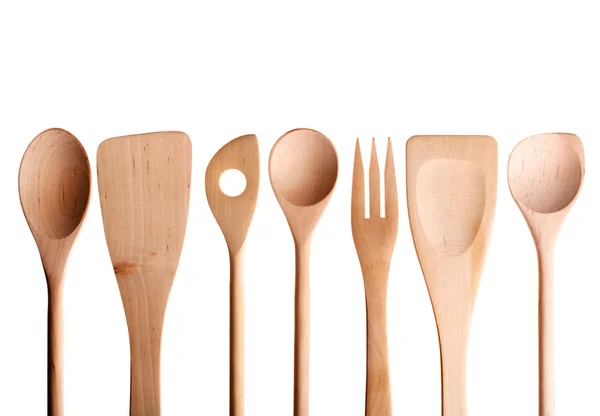 Wooden spoon, spatula, fork on a white background. — Stock Photo, Image
