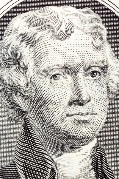 Portrét na makro Thomas Jefferson z dvou dolarové bankovky. — Stock fotografie