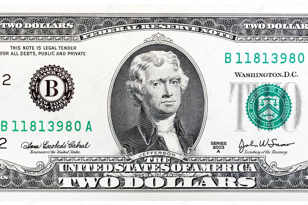 An isolated two dollars bill.