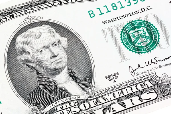Close-up portret van President Jefferson einde afdrukken afdeling van de Schatkist op twee dollar factuur. Gestapelde schot — Stockfoto