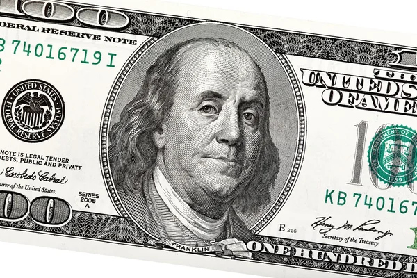 Detail van Ben Franklin op de 100 dollar bill. — Stockfoto