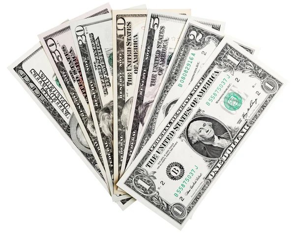 1, 2, 5, 10, 20, 50, 100 dollar biljetten, geïsoleerde op wit, uitknippad opgenomen. — Stockfoto