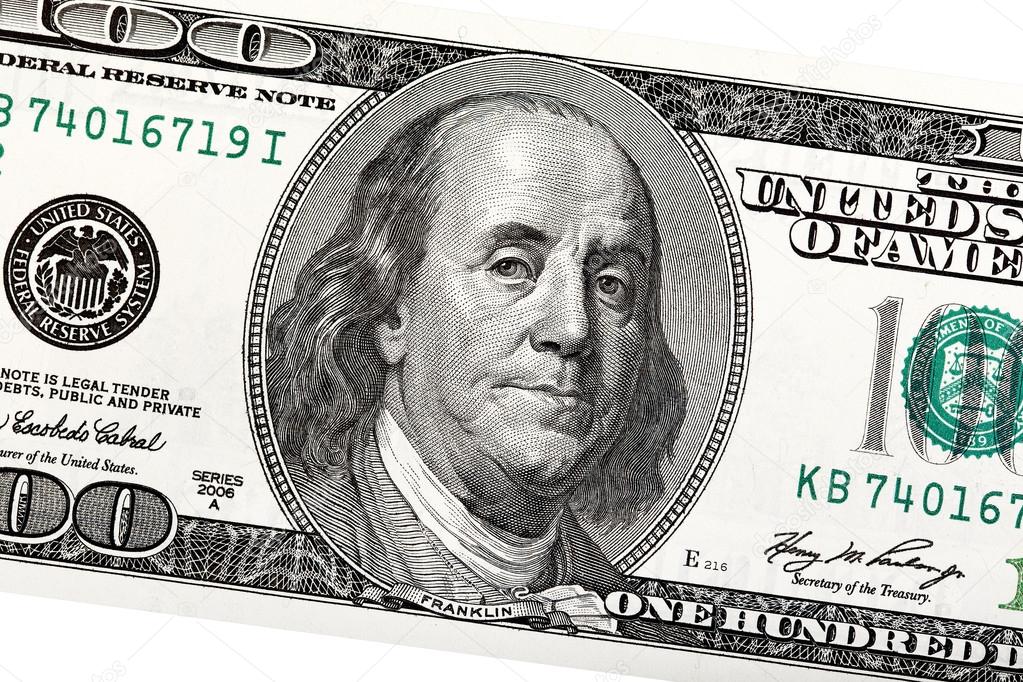 Detail of Ben Franklin on the 100 dollar bill.