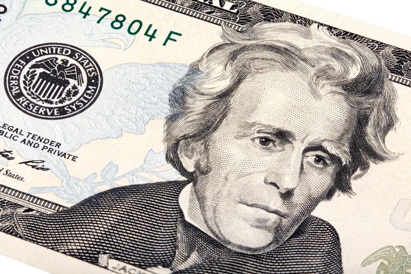 Presidente Jackson en el billete de veinte dólares apilados tiro — Foto de Stock