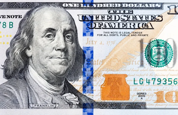 Macro shot of a brand new one hundred dollar bill showing the fa — Stock Photo, Image