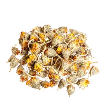 Kuru Farekulağı çiçekler üzerinde beyaz izole küçük bir ahşap yay.