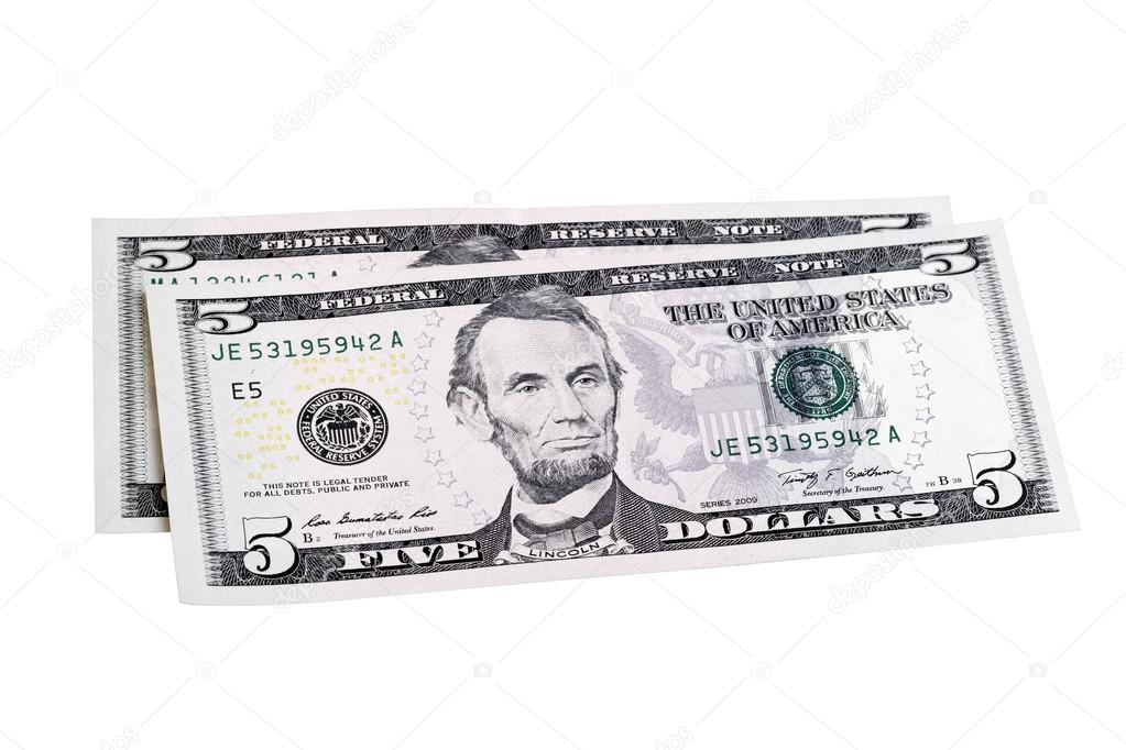 Two five dollars bill isolated on white. Stacked shot.
