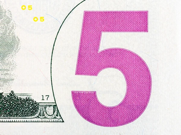 Detail van vijf Amerikaanse dollar bankbiljet. — Stockfoto