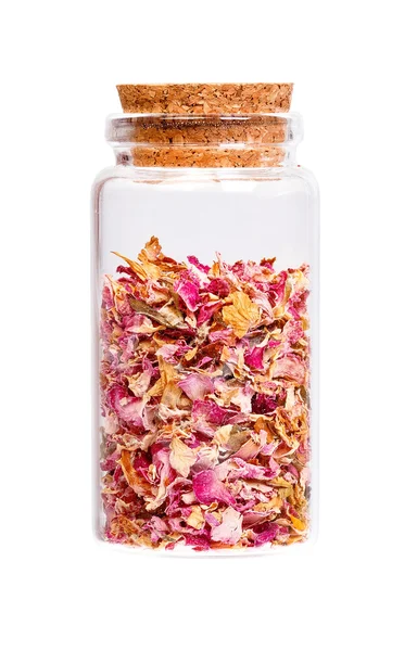 Pétalas de rosa secas em frasco com rolha de cortiça para uso médico . — Fotografia de Stock