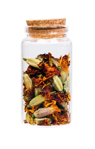 Dried Marigold flowers in a bottle with cork stopper for medical — Stock Photo, Image