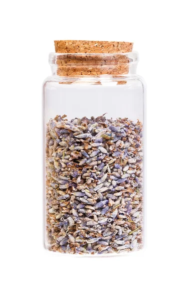 Dried lavender flowers in a bottle with cork stopper for medical — Stock Photo, Image