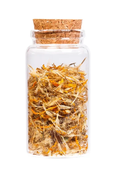 Mountain arnica in a bottle with cork stopper for medical use. — Stock Photo, Image