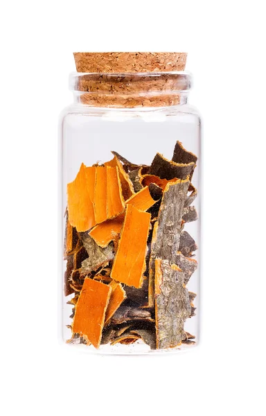 Buckthorn bark in a bottle with cork stopper for medical use. — Stock Photo, Image