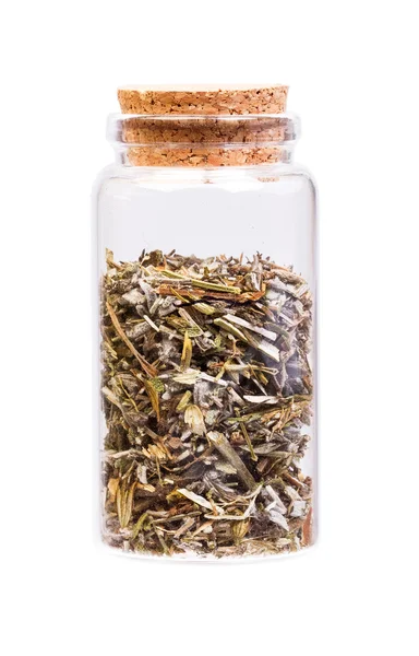 Salvia seca, hierba medicinal en una botella con tapón de corcho para uso médico . —  Fotos de Stock