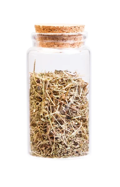 Herb thyme in a bottle with cork stopper. — Stock Photo, Image